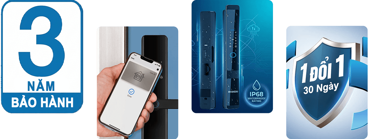 Khóa cửa điện tử Hyundai 3 năm, lắp đặt tận nơi 1 đổi trong 30 ngày