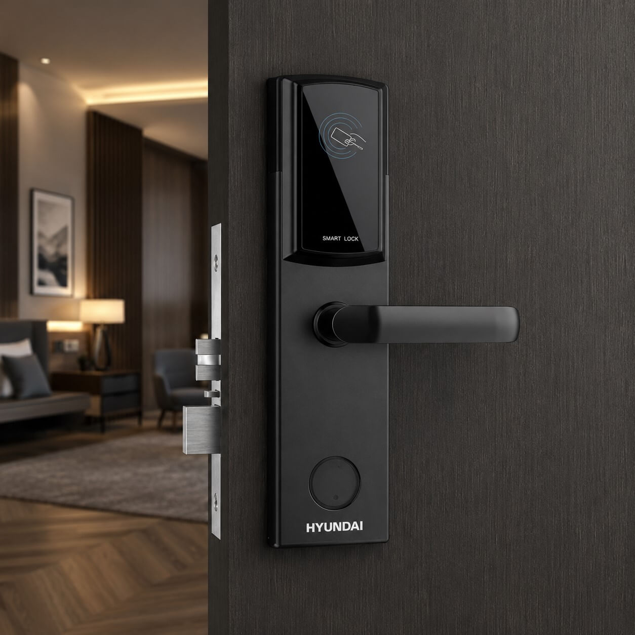 Hyundai HY HL01 hotel card lock installed on luxury wooden hotel