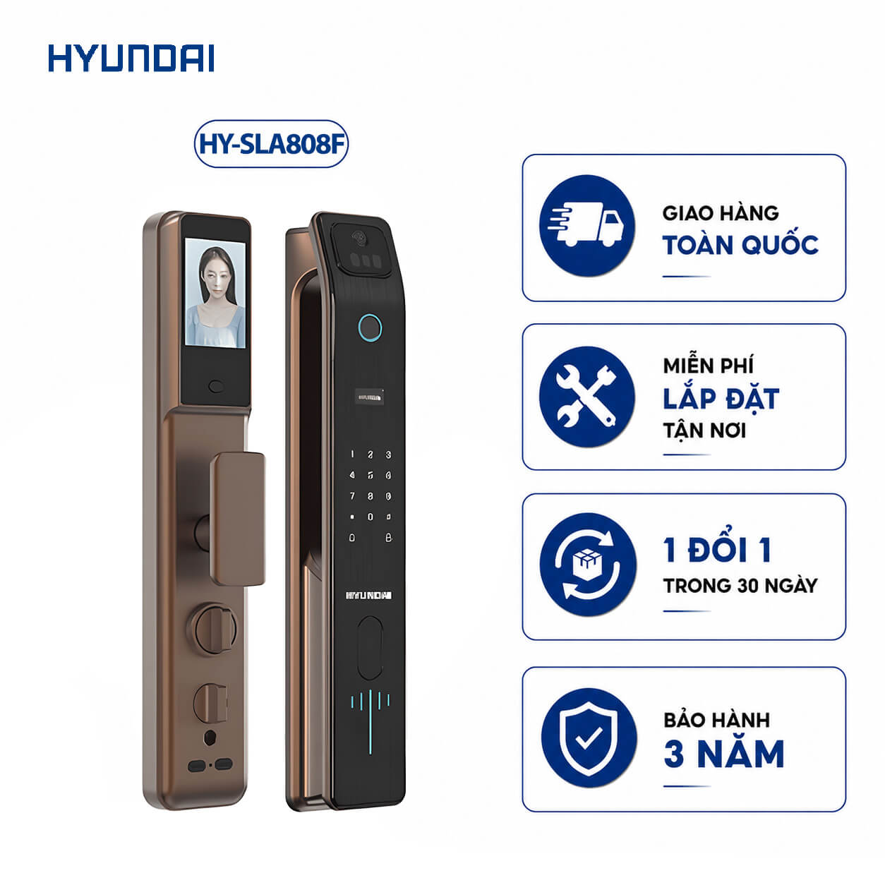 Khóa vân tay cửa gỗ tự động Hyundai HY-SLA808F Nhận Diện Khuôn Mặt (Amber Gold)