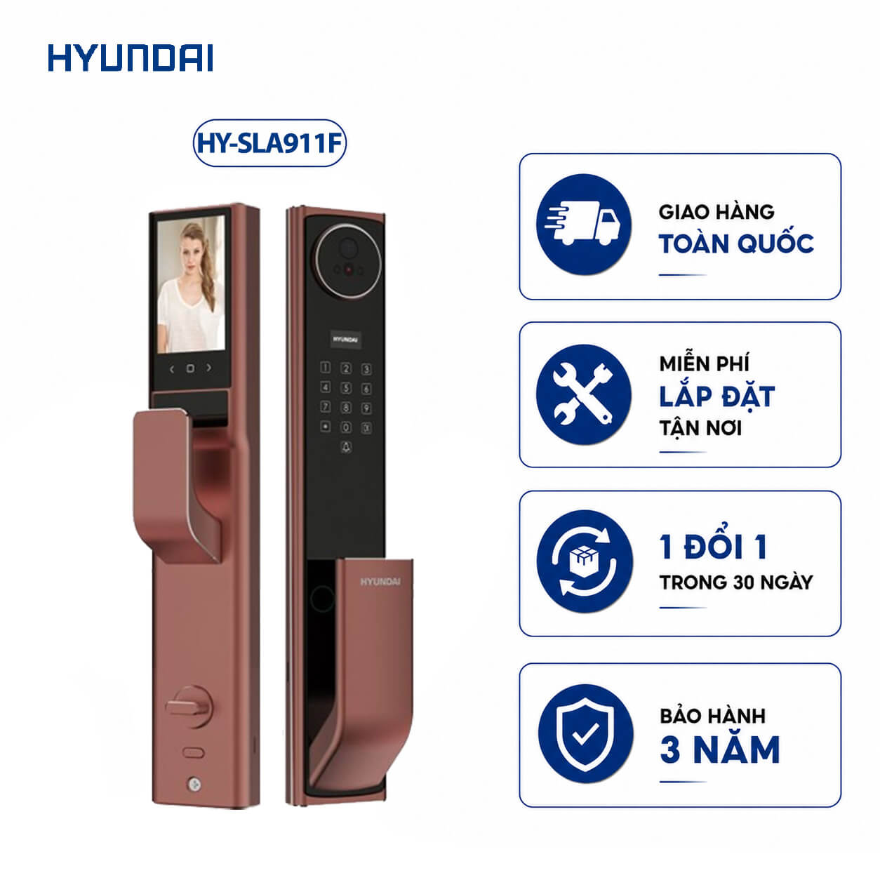 Khóa vân tay cửa gỗ tự động Hyundai HY-SLA911F Nhận Diện Khuôn Mặt (Amber Gold)