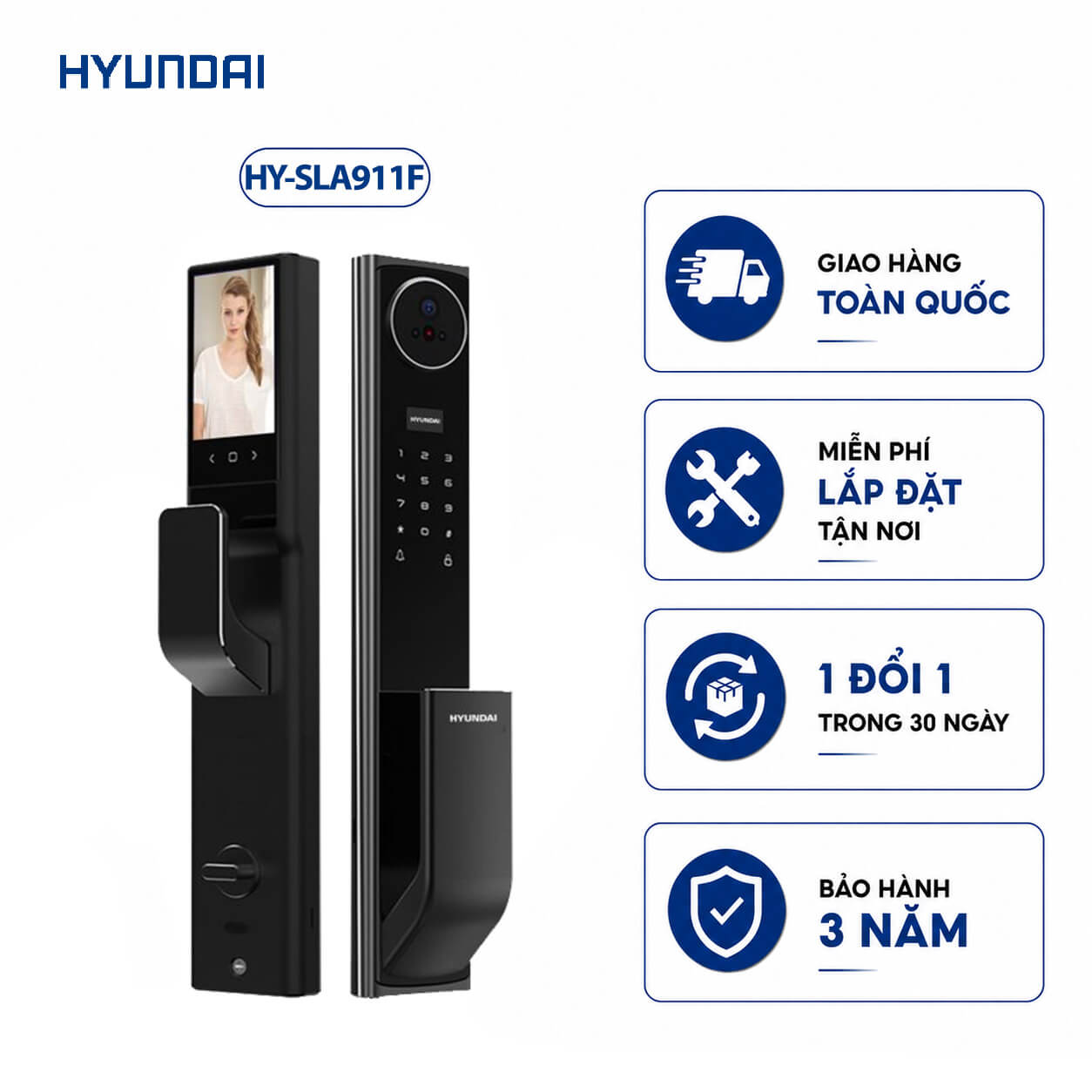 Khóa vân tay cửa gỗ tự động Hyundai HY-SLA911F Nhận Diện Khuôn Mặt (Black)