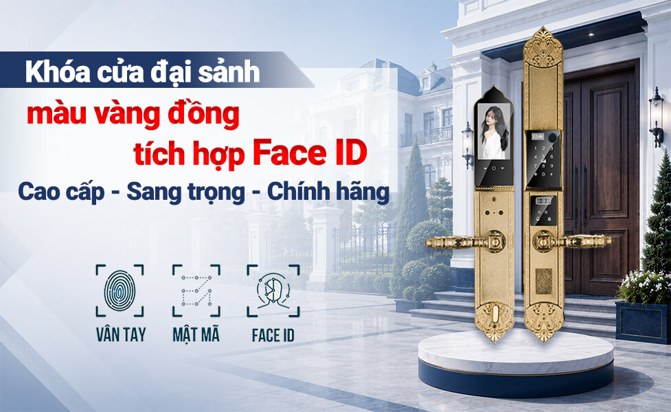 Khóa cửa đại sảnh màu vàng đồng tích hợp Face ID cao cấp sang trọng