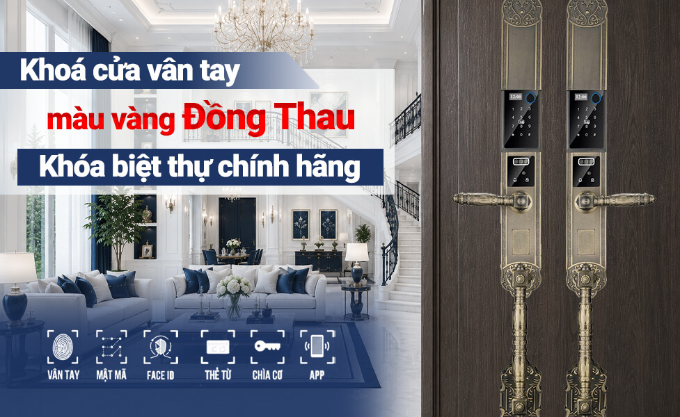 Khoá cửa vân tay màu vàng Đồng Thau Khóa biệt thự chính hãng