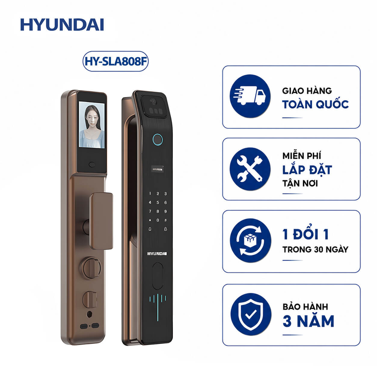 Khóa vân tay cửa gỗ tự động Hyundai HY-SLA808F Nhận Diện Khuôn Mặt (Amber Gold)