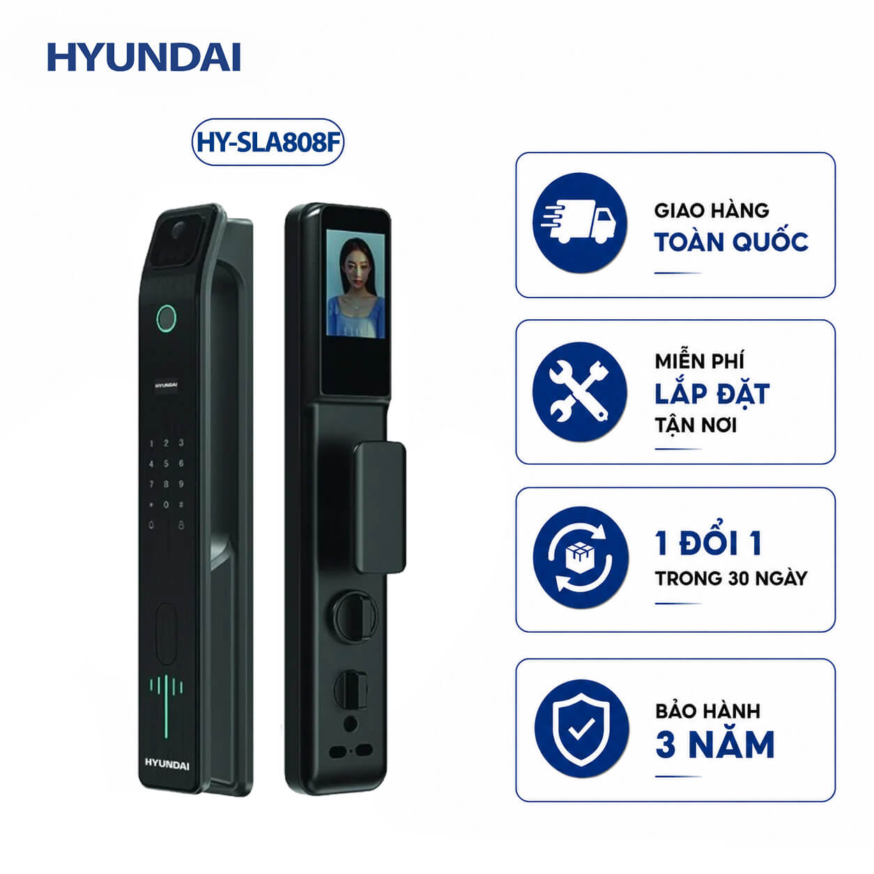Khóa vân tay cửa gỗ tự động Hyundai HY-SLA808F Nhận Diện Khuôn Mặt (Black)
